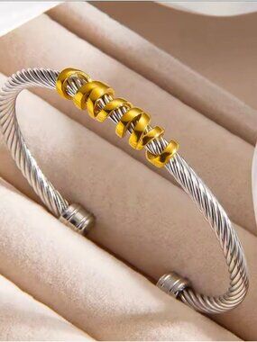 Silver-Tone Twisted Cable Cuff with Gold Rings